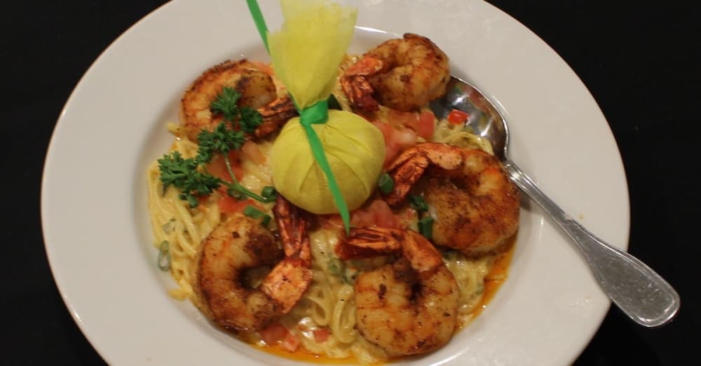 Blackened jumbo shrimp pasta.