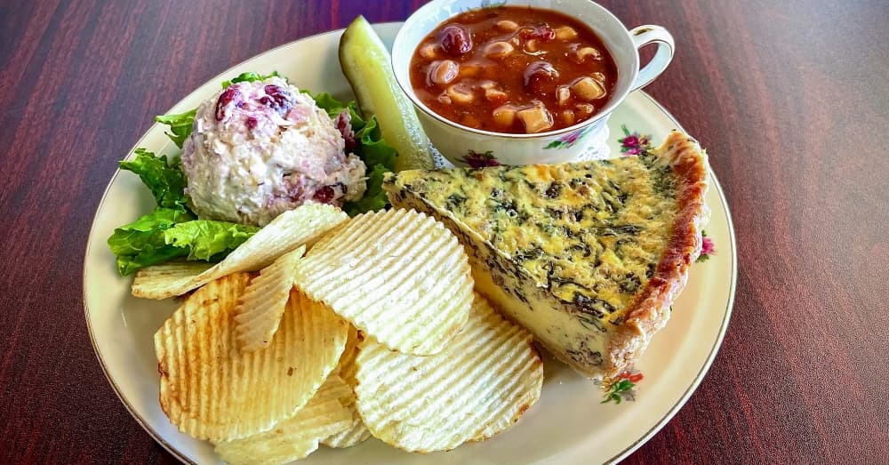 Tea Room Sampler ($12.95): Quiche is served with soup and a choice of chicken or pasta salad. (Courtesy Sweet Inspirations Tea Room, Cafe and Gifts) 
