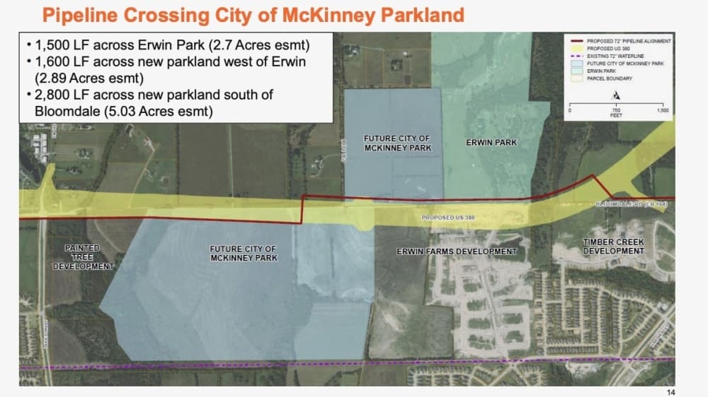 This map shows the route across McKinney the new water pipeline would take. (Courtesy city of McKinney)