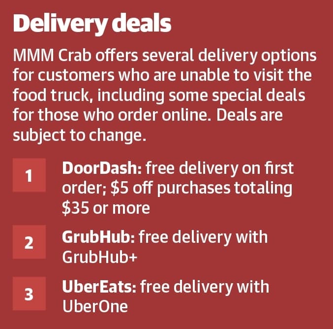 MMM Crab offers several delivery options for customers who are unable to visit the food truck, including some special deals for those who order online. Deals are subject to change. (Ronald Winters/Community Impact Newspaper) 