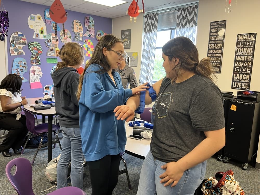 Montgomery High School students participated in Stop the Bleed first-aid training April 20. (Maegan Kirby/Community Impact Newspaper)