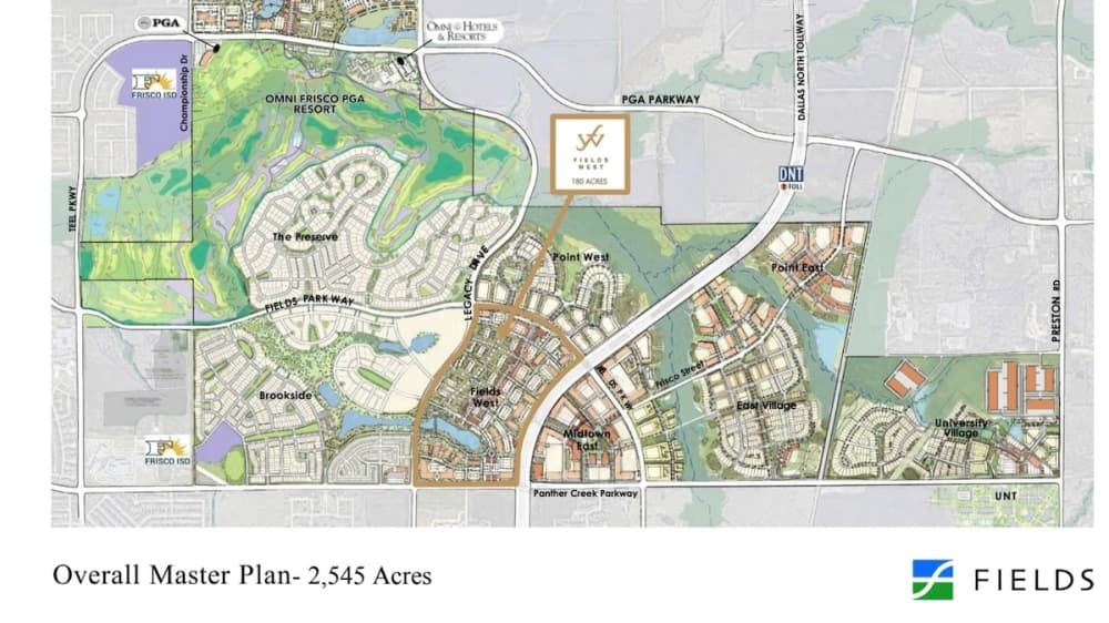 Fields West is one of nine subdistricts in the 2,545-acre development. (Map courtesy Hunt Realty Investments Inc.)