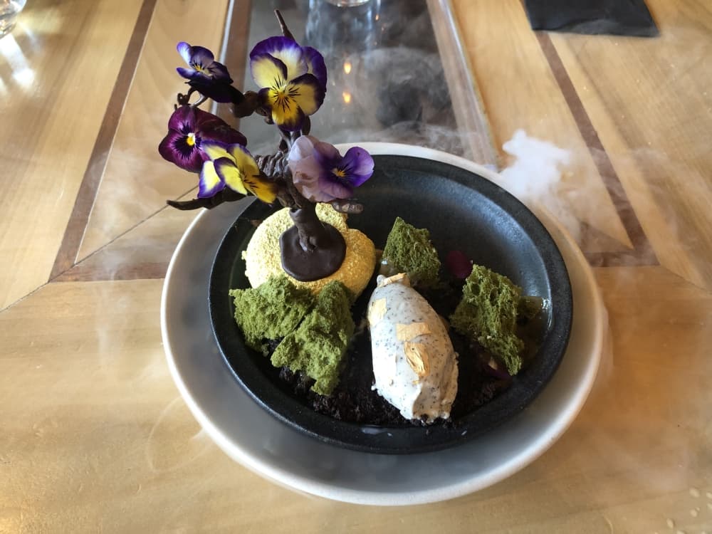 The Truffle Bonsai ($28) is one of Chef Jiolo Dingayan's favorite dishes. It features a bonsai tree made of dark chocolate posed on a truffle entreat, truffle ice cream, truffle caramel and a shio koji brownie. (Asia Armour/Community Impact Newspaper)