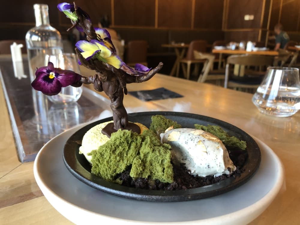 The Truffle Bonsai ($28) is one of Chef Jiolo Dingayan's favorite dishes. It features a bonsai tree made of dark chocolate posed on a truffle entreat, truffle ice cream, truffle caramel and a shio koji brownie. (Asia Armour/Community Impact Newspaper)