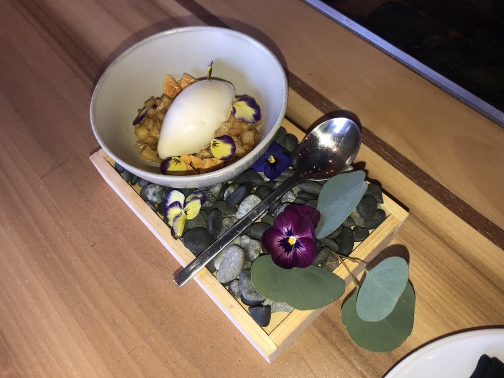 Chef Jiolo Dingayan wants diners to be reminded of an apple pie while eating this off-the-menu eucalyptus ice cream dish ($12) with Suntory caramel apples and oat. (Asia Armour/Community Impact Newspaper)