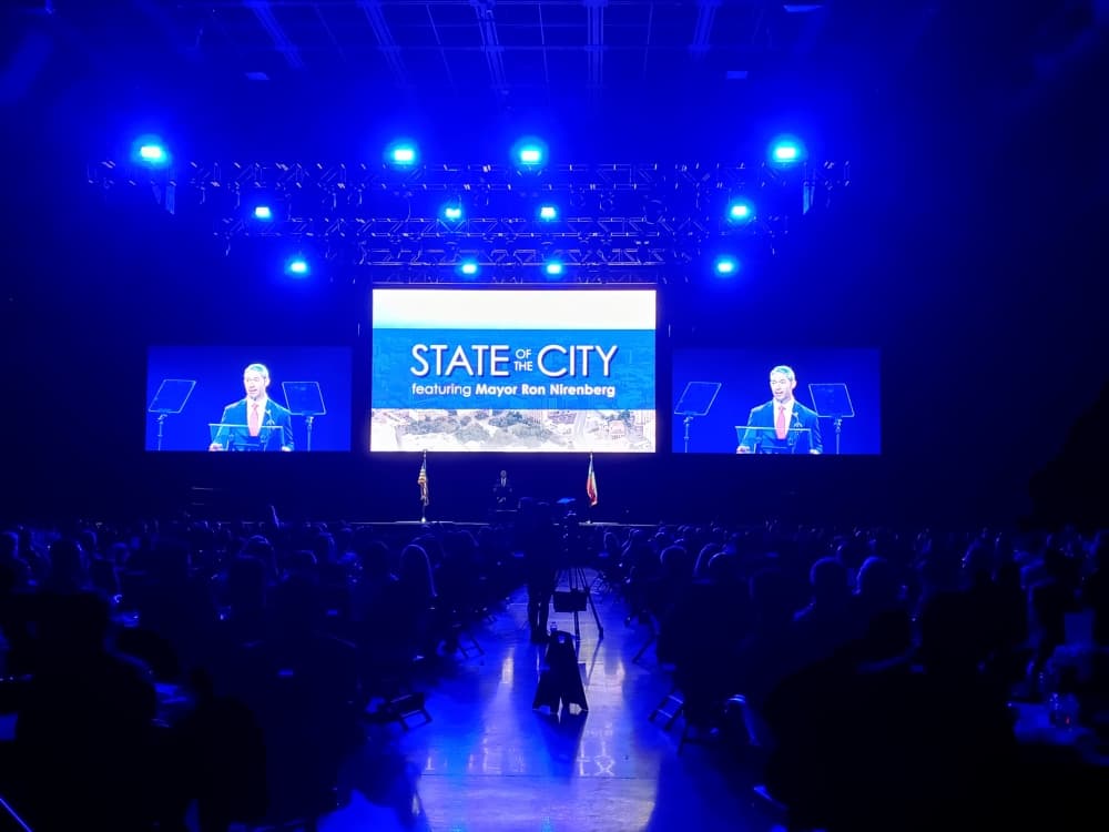 San Antonio Mayor Ron Nirenberg delivers the United State of the City address April 26 at the Tech Port Center and Arena, a new events venue at Port San Antonio. (Edmond Ortiz/Community Impact Newspaper)