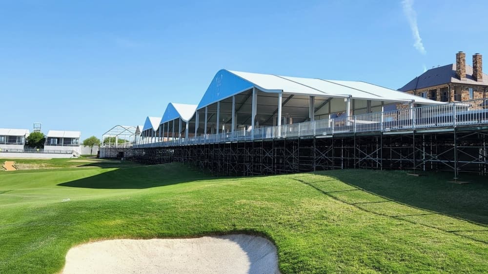 Seating will surround the green on Hole 17 to create a stadium-like atmosphere. (Miranda Jaimes/Community Impact Newspaper)