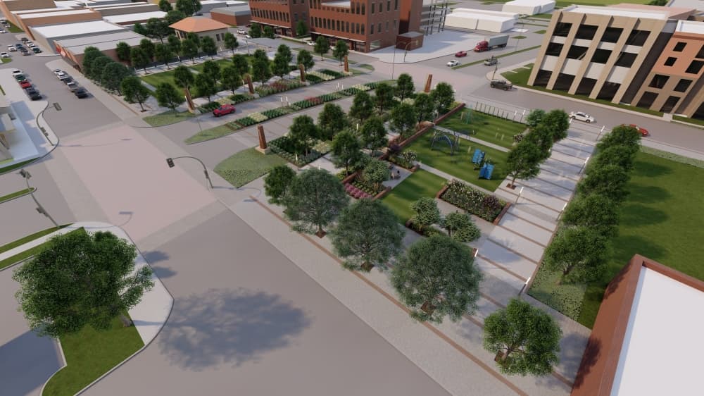 This option shows the two park options that would be constructed at the same level as SH 5 and was the third option presented. (Rendering courtesy Kimley-Horn)
