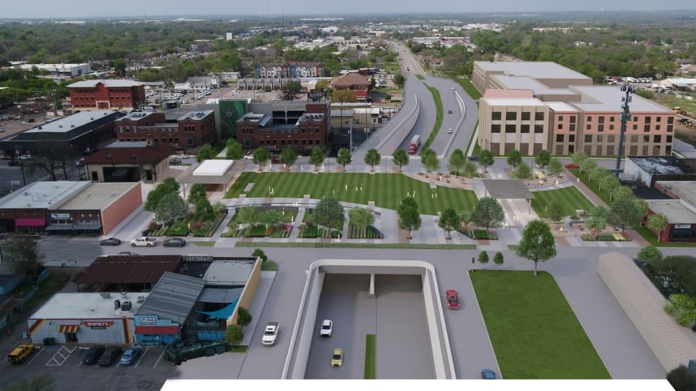This rendering shows the deck park that would go over SH 5, and was the first option presented. (Rendering courtesy Kimley-Horn)