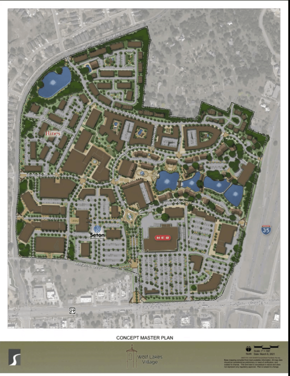 Wolf Lakes Village presented a revised plan for the development on March 9. (Rendering courtesy Wolf Lakes Village)