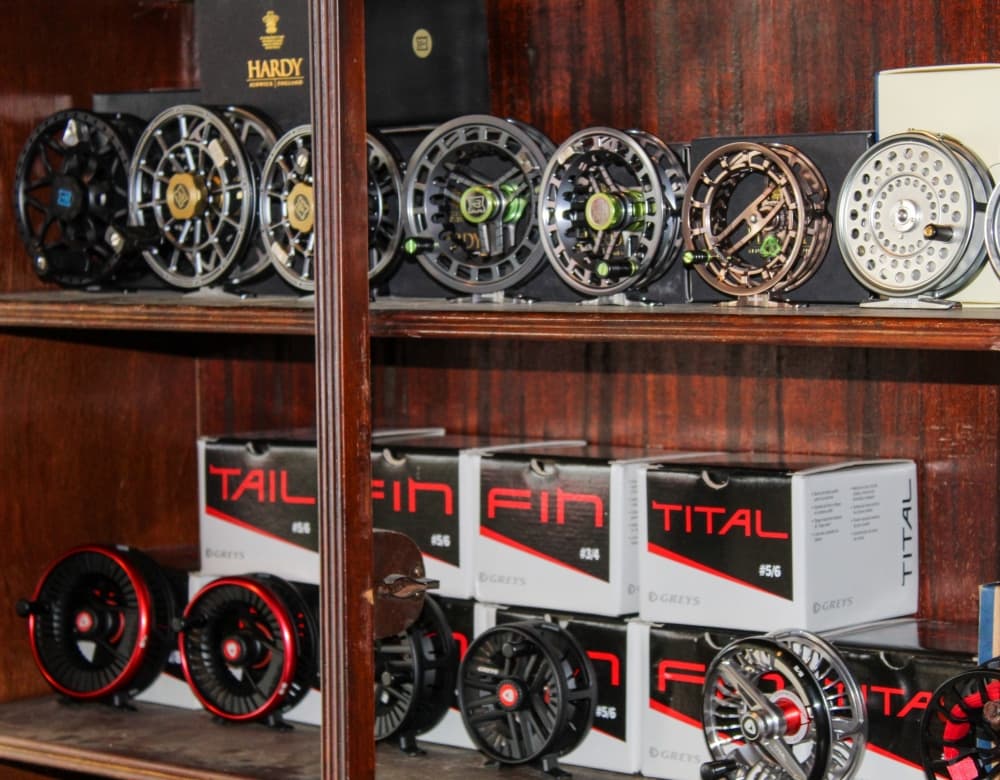 Grapevine Fly Fishing also sells reels, including Greys reels and Hardy reels. (Bailey Lewis/Community Impact Newspaper)