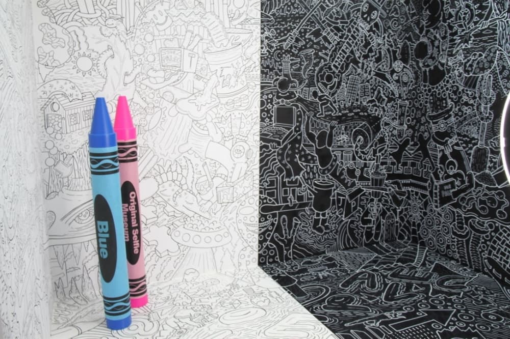 The Crayola Crayon Room has original black and white doodle artwork by Denver artist Joe Palec. (Sumaiya Malik/Community Impact Newspaper)