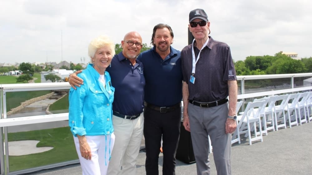 From left: Peggy Nelson Jaros, David Craig, George Fuller and Tom Weiskopf celebrate the opening ceremony of the AT&T Byron Nelson tournament at TPC Craig Ranch. (Miranda Jaimes/Community Impact Newspaper)