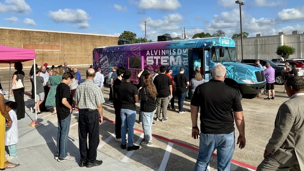 Those who attended the Alvin ISD STEM Explorer Bus' unveiling were invited onto the bus to get a first look at it. (Andy Yanez/Community Impact Newspaper)