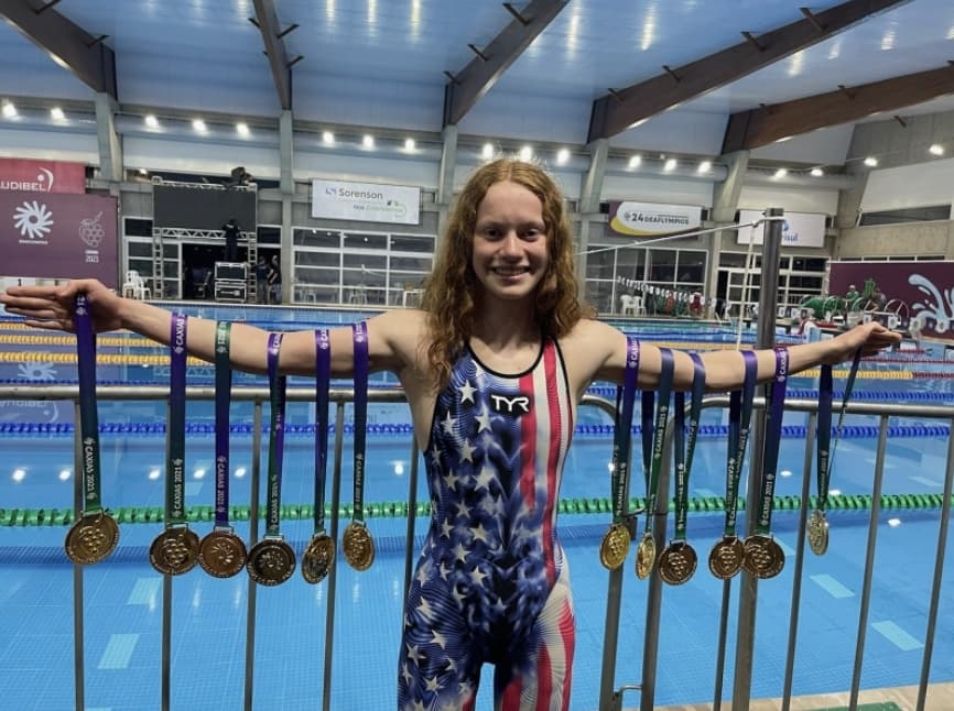 Hill Country Village resident Carli Cronk set a Summer Deaflympics record by winning 12 gold medals in swimming. The swimming competition is over, but the Deaflympics continues through May 15 at Caxias do Sul, Brazil. (Courtesy Mark Cronk)
