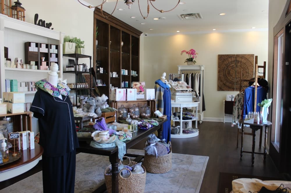 A variety of beauty and cosmetic products are available for sale at the front of the luxury spa. (Samantha Douty/ Community Impact Newspaper)