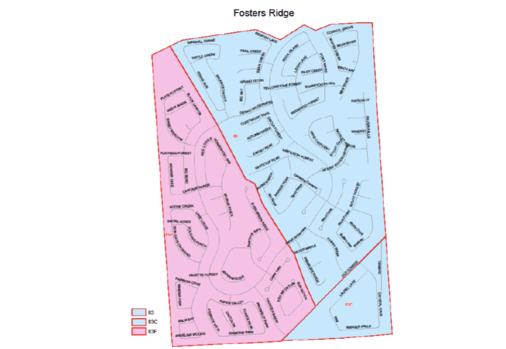 The pink portion of the Fosters Ridge neighborhood map shows zone 83F, which is rezoned from Bush to Deretchin Elementary School for the 2022-23 school year. (Courtesy Conroe ISD)
