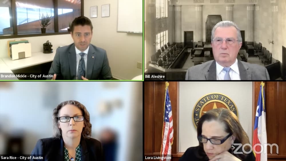 Attorneys on both sides of the case met for a virtual hearing before Travis County Judge Lora Livingston May 12. (Screenshot via Travis County District Court YouTube)