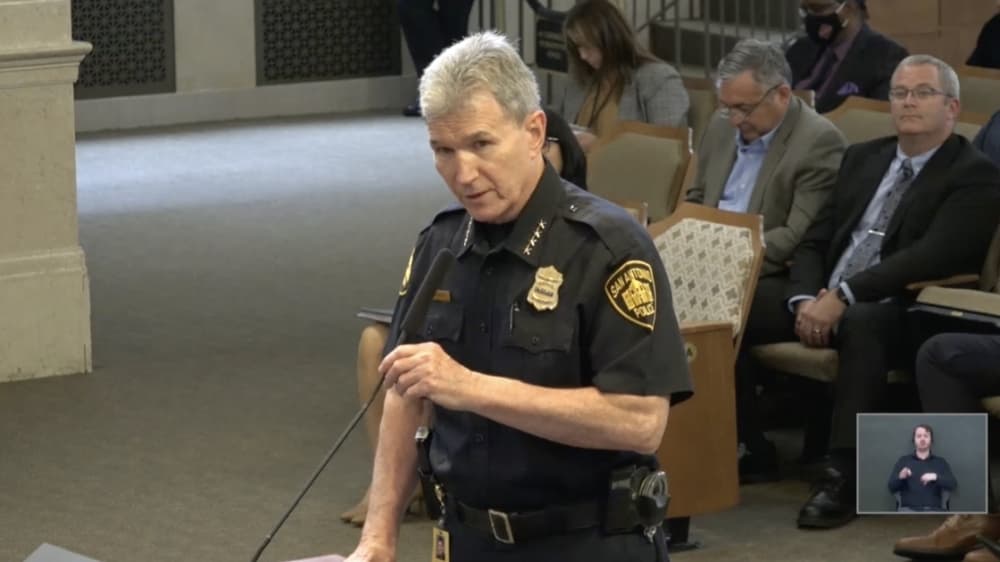 San Antonio Police Chief William McManus addresses City Council on May 12 about the new police union collective bargaining agreement. (Courtesy city of San Antonio)