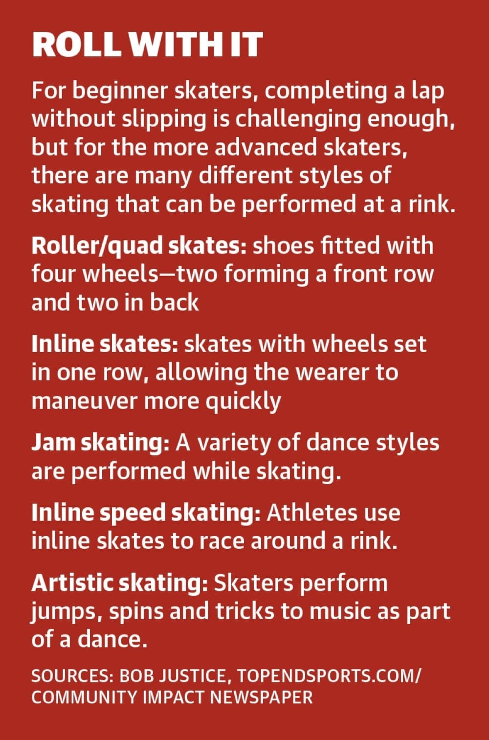 For beginner skaters, completing a lap without slipping is challenging enough, but for the more advanced skaters, there are many different styles of skating that can be performed at a rink. (Ronald Winters/Community Impact Newspaper) 