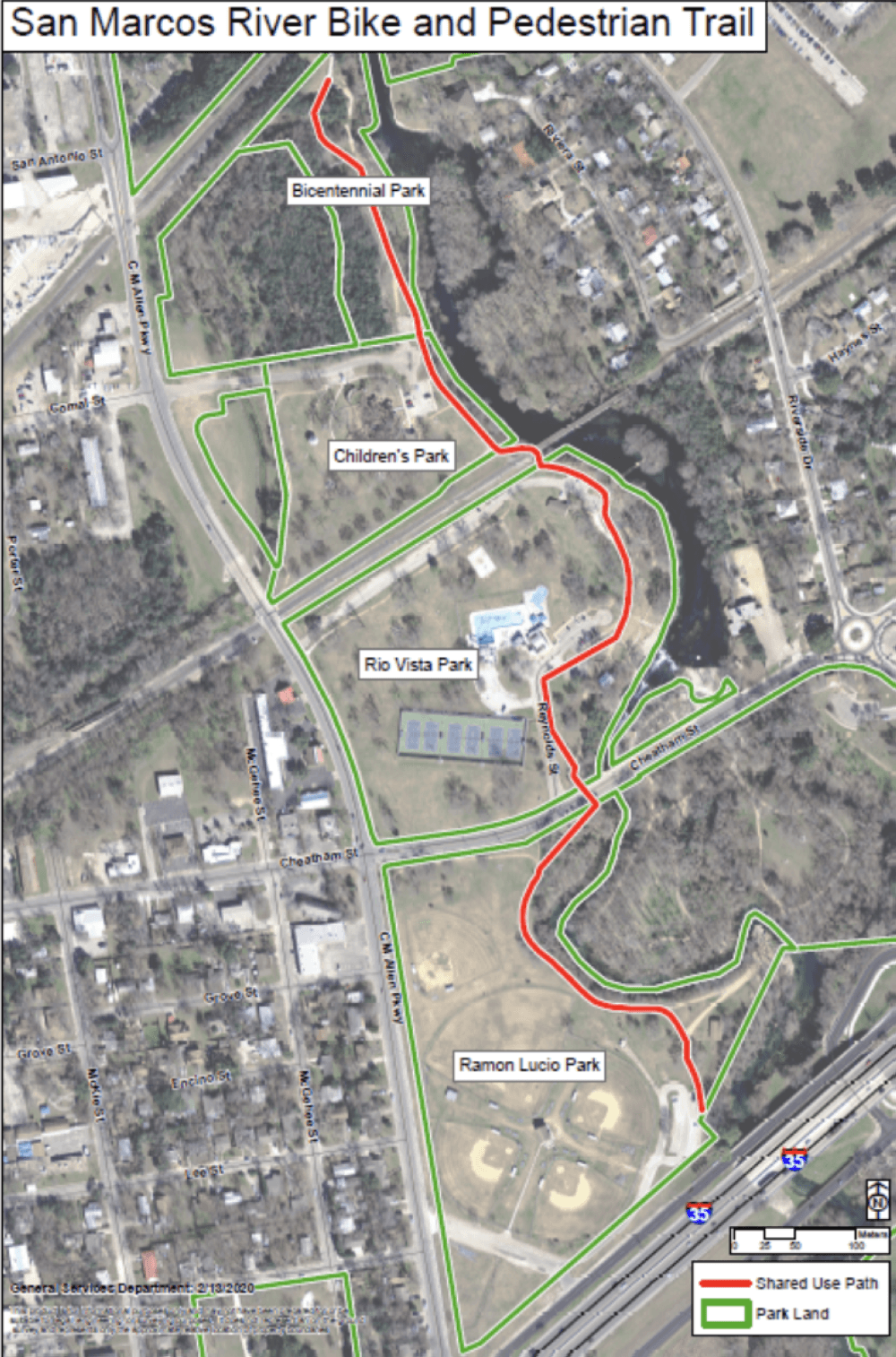 A map of the completed San Marcos River pathway project. (Courtesy City of San Marcos)