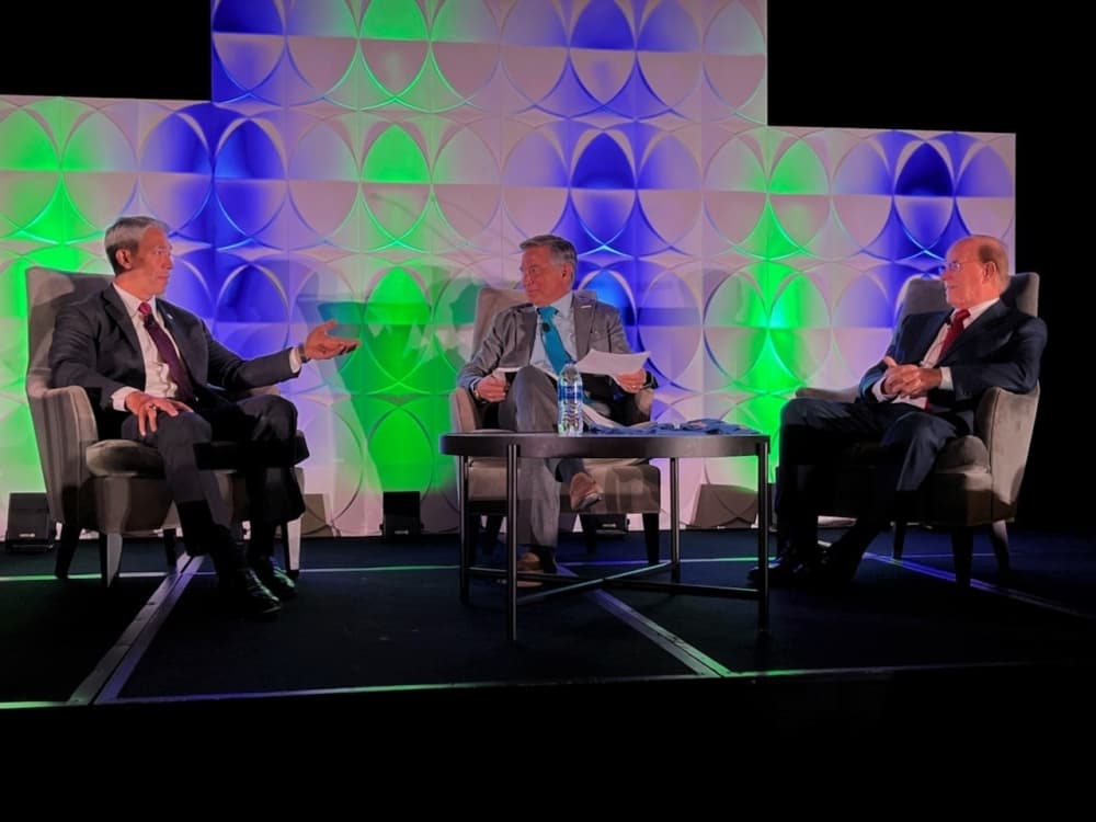 Bexar County Judge Nelson Wolff (right) and San Antonio Mayor Ron Nirenberg (left) discuss local issues with presentation moderator Chris Corso, Joeris General Contractors development director, at the North San Antonio Chamber of Commerce’s State of the County luncheon. The event was held May 18 at the Grand Hyatt San Antonio Riverwalk Hotel. (Courtesy North San Antonio Chamber of Commerce)