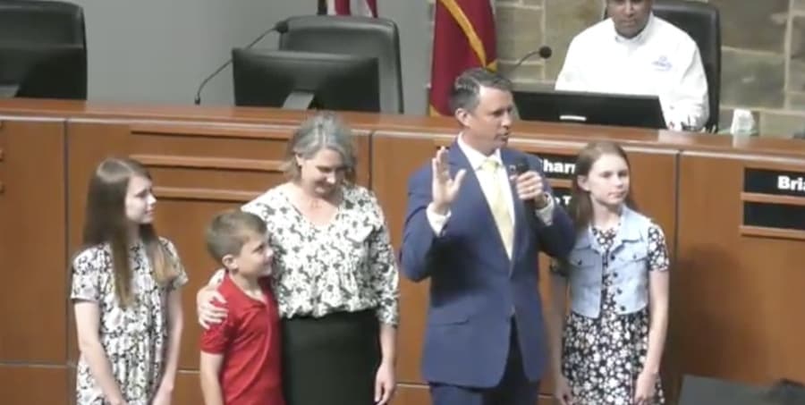 Council Member Adam Schiestel was sworn into office during Flower Mound's May 17 council meeting. (Courtesy town of Flower Mound)
