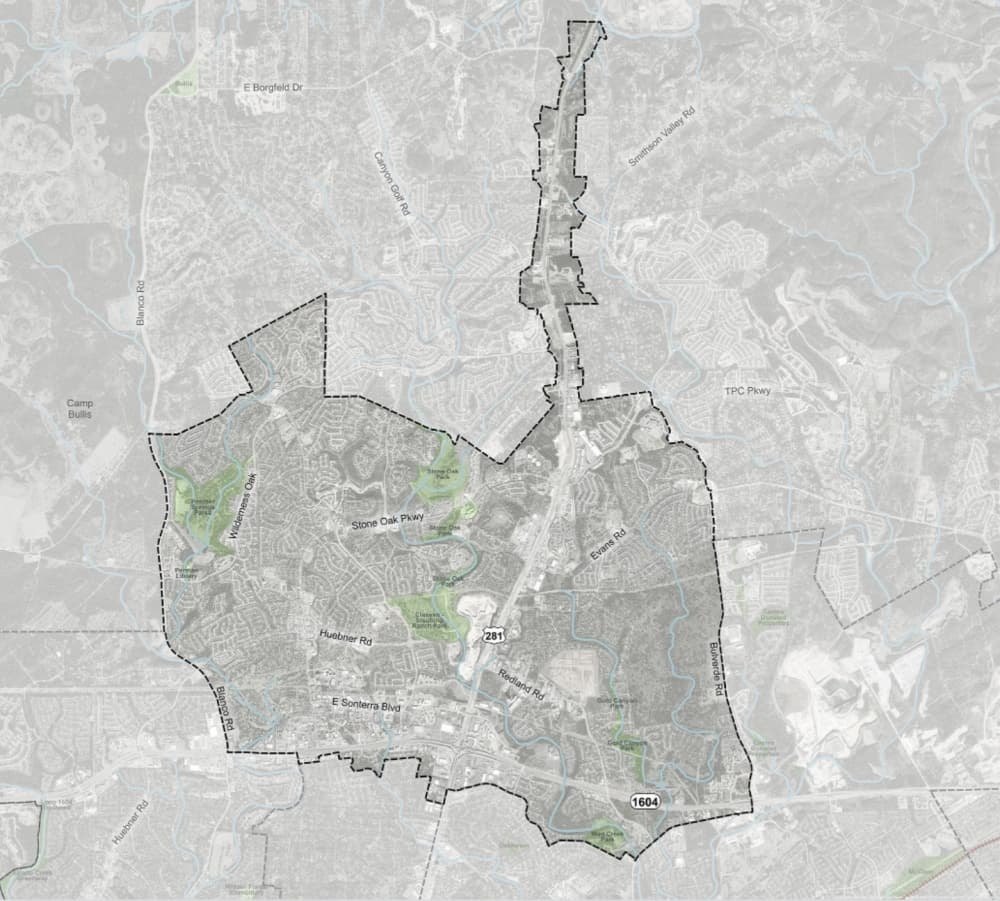 This map shows the defined boundaries of the Stone Oak Area Regional Center Plan that the city of San Antonio is developing as part of larger efforts to implement its SA Tomorrow long-term comprehensive plan for the city. (Courtesy city of San Antonio)