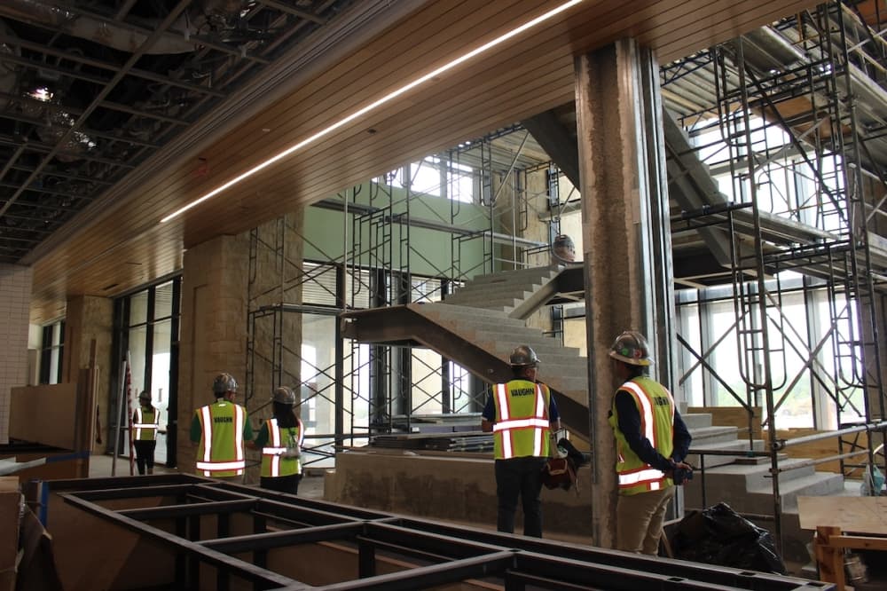Staircases at Frisco Landing will be framed with glass to provide visibility. (Miranda Jaimes/Community Impact Newspaper)