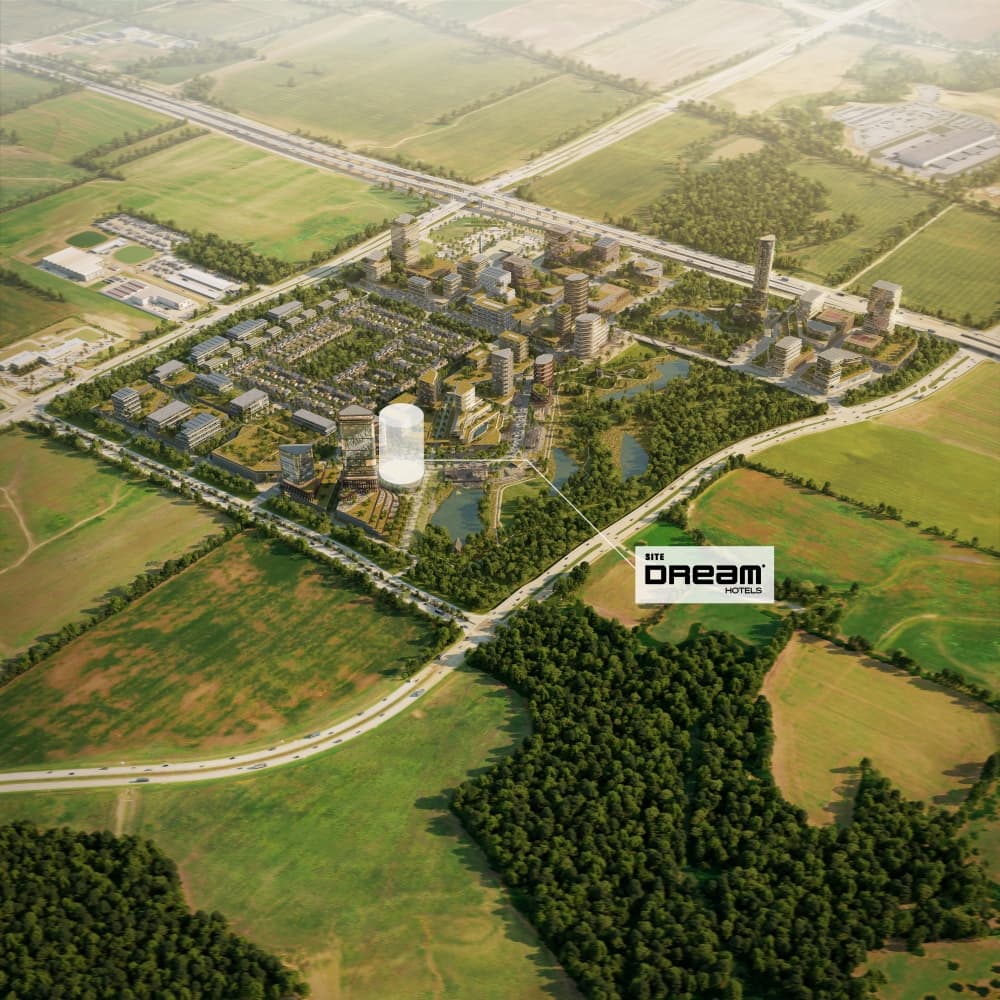 This rendering provides an aerial view of Dream Hotel within Firefly Park. (Rendering courtesy UN Studio)