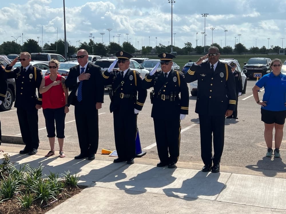 Round Rock Police Chief Allen Banks, right, and some of his team at Round Rock Police Department. (Joe Warner/Community Impact Newspaper)