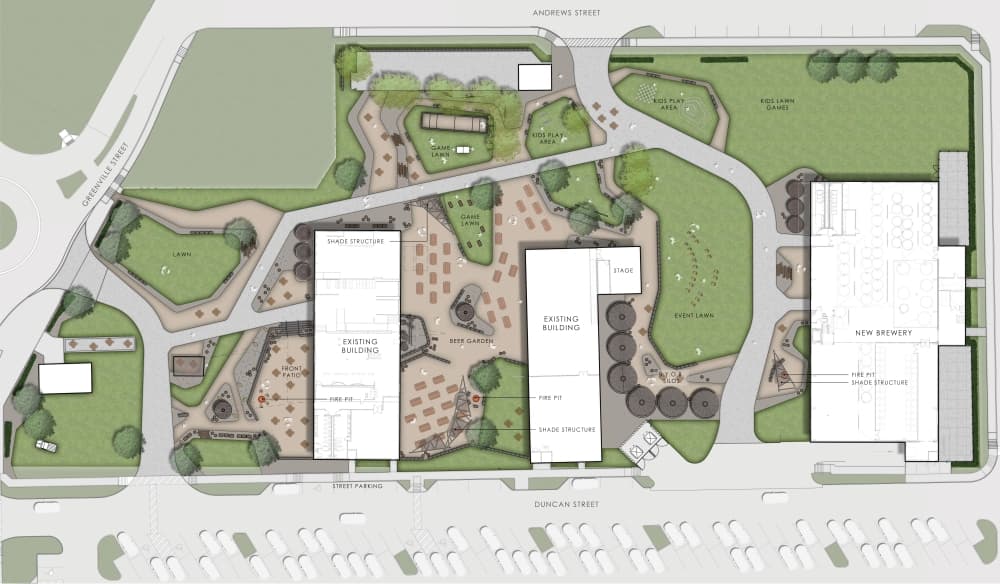 This map shows the site plan for the new Tupps Brewery site, with the B.Y.O.B. silos on the east side of the property. (Rendering courtesy Tupps Brewery)