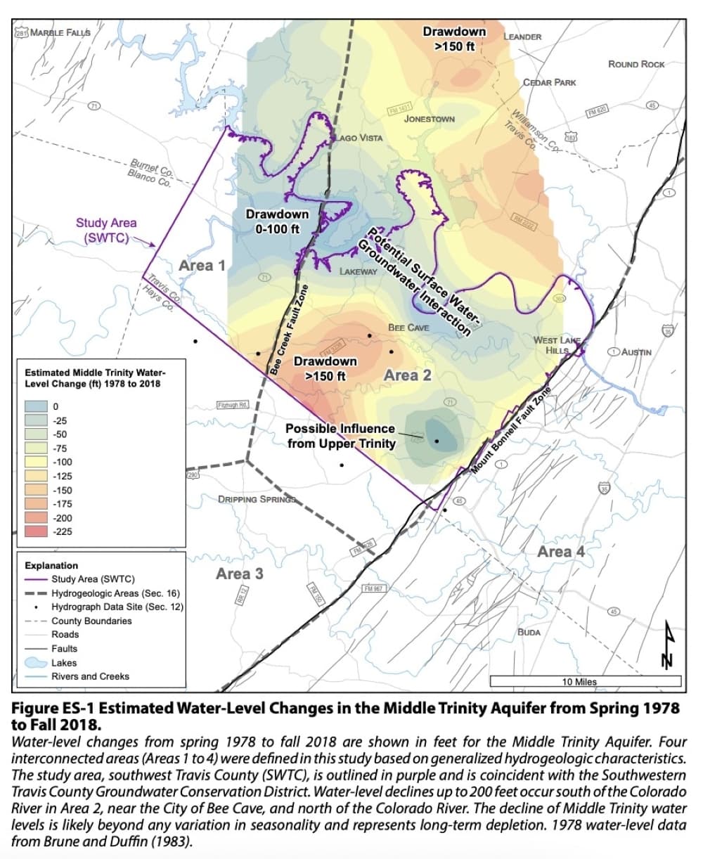 From 1978 to 2018, the water level in the middle Trinity Aquifer dropped from 150-200 feet in the area southwest of Bee Cave, according to the data. (Courtesy The University of Texas Library)