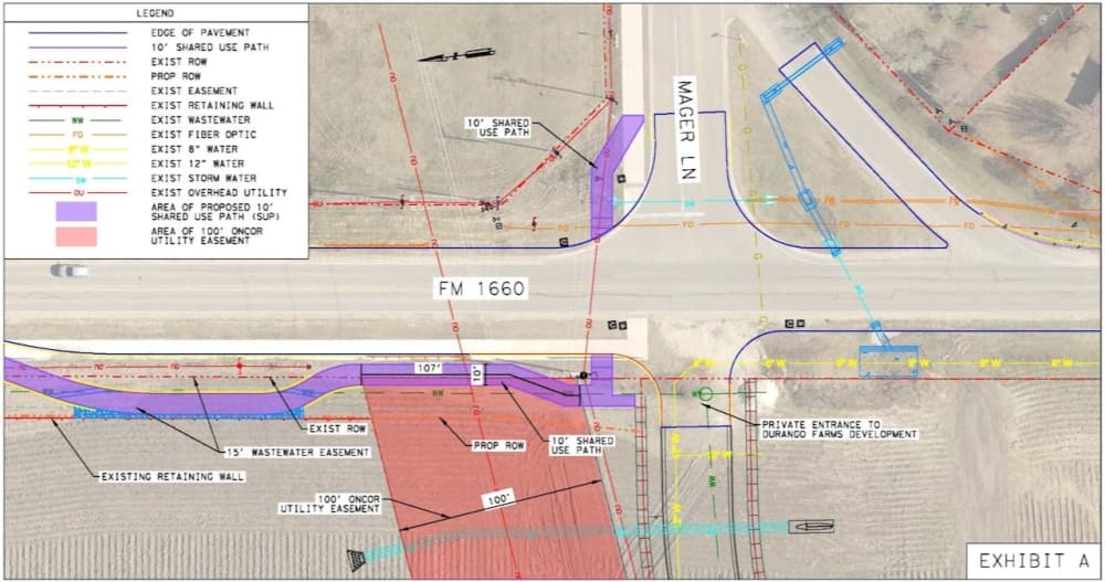 Map of planned sidewalk at FM 1660 and Mager Lane