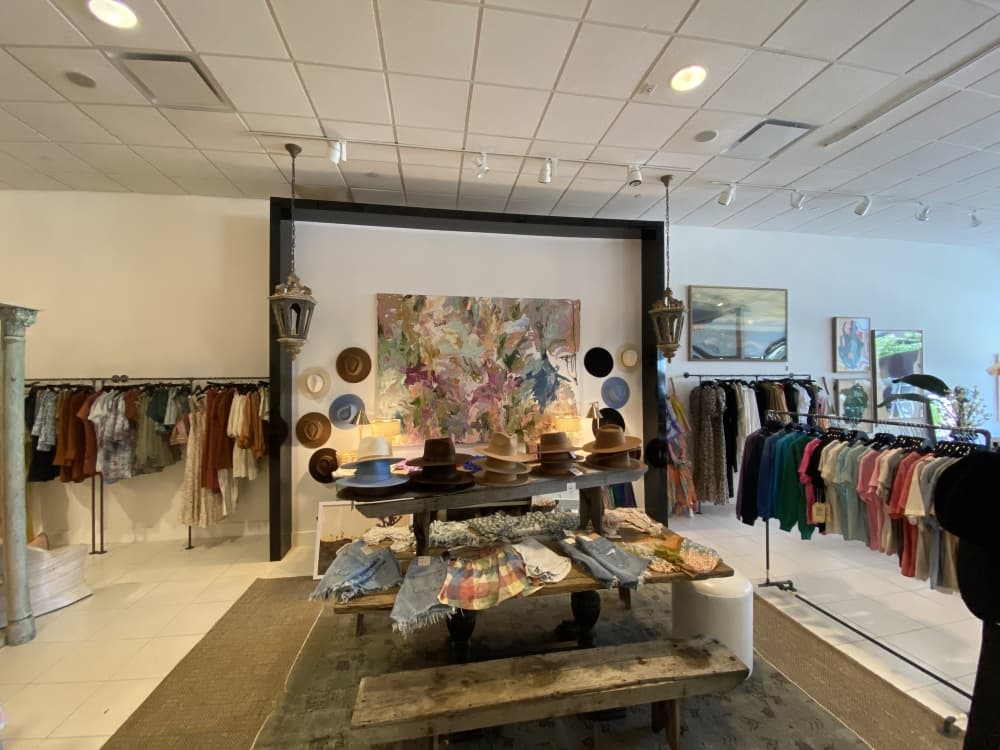 clothing racks with hats
