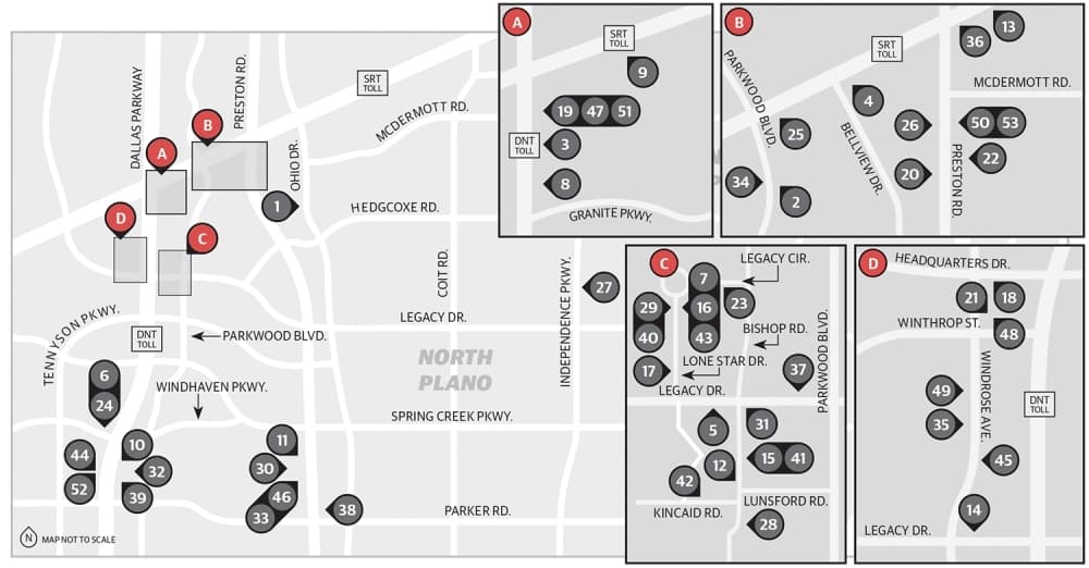A map showing the outdoor dining options in North Plano.