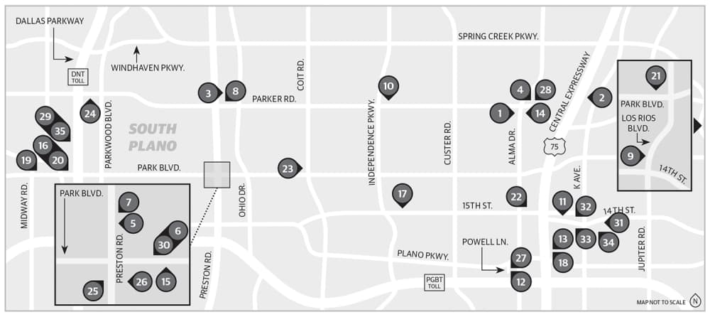 A map showing the outdoor dining options in South Plano.