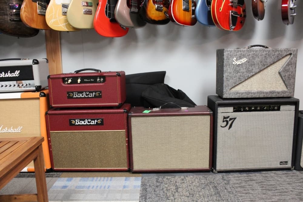 The shop offers a selection of new and used amplifiers.