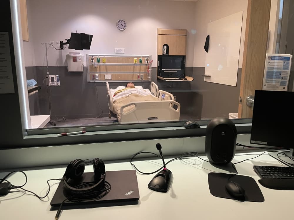 Some of the simulation labs inside of the facility also have control rooms, which are where staff can observe nurses, control the patient dummies and record the simulation scenarios. (Andy Yanez/Community Impact Newspaper)