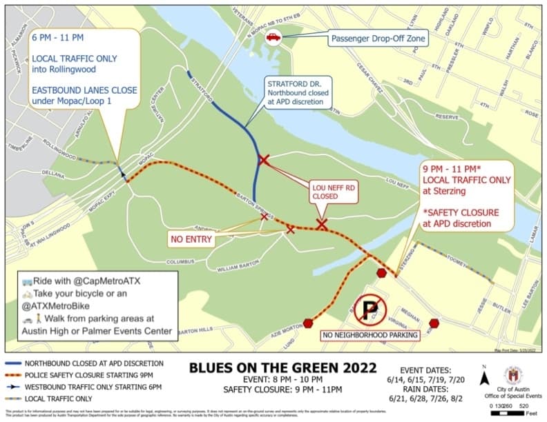 Road closures are shown near Zilker Park on June 14-15 and July 19-20. The event will begin at 7 p.m. (Courtesy city of Austin)