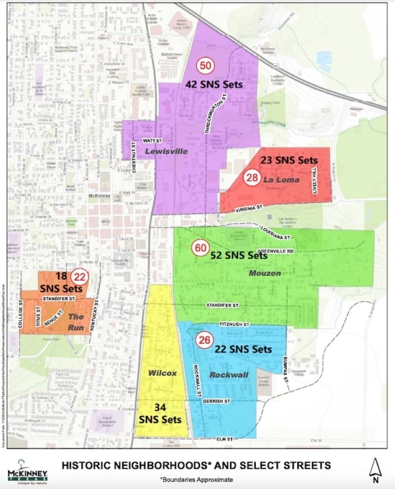 Mapped here are the neighborhoods that are set to receive the new design for its street signs. (Courtesy city of McKinney)
