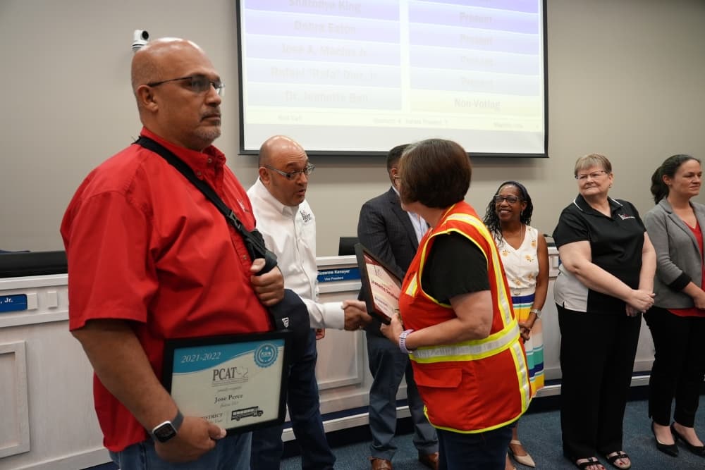 Jeanette Smallwood is honored at a Judson ISD board meeting for her award of Bus Assistant for the 2021-22 school year.