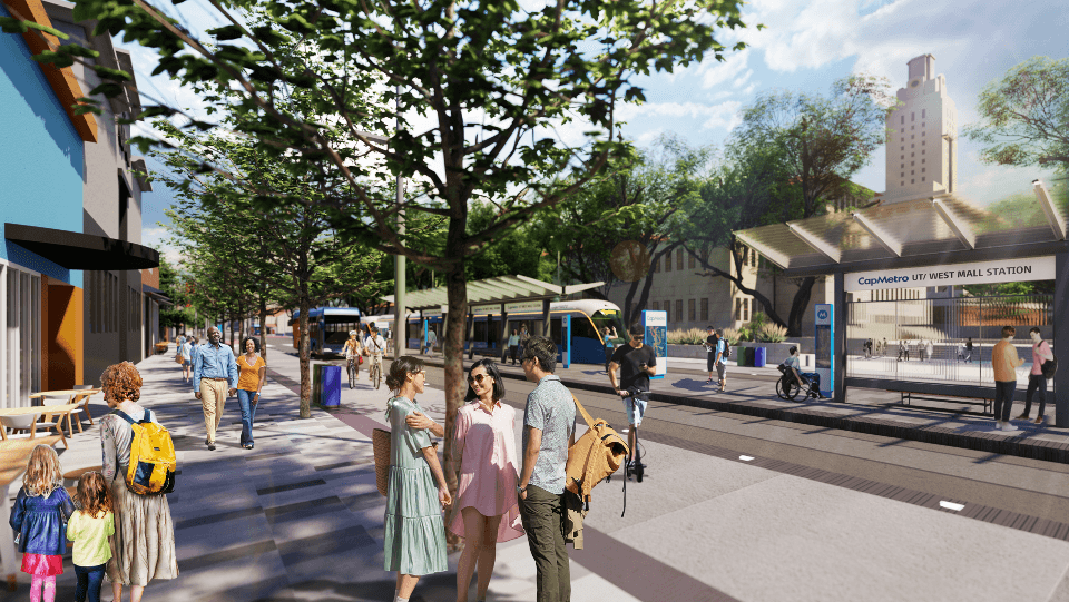 Enhanced transit mall at The Drag under Option C. (Rendering courtesy Project Connect)