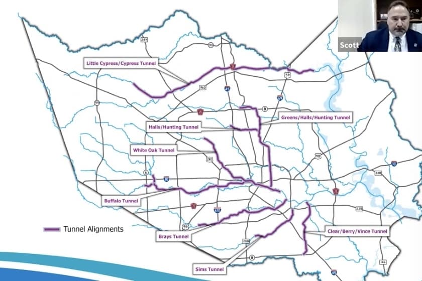 Eight potential tunnel alignments are under consideration. (Screenshot courtesy Harris County Flood Control District)
