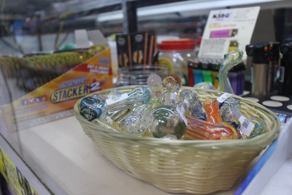 Items in the display cabinet are drug-related. (Miranda Jaimes/Community Impact Newspaper)