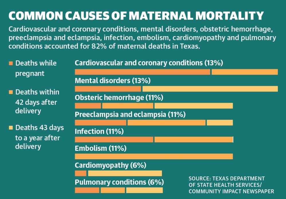 Cardiovascular and coronary conditions, mental disorders, obstetric hemorrhage, preeclampsia and eclampsia, infection, embolism, cardiomyopathy and pulmonary conditions accounted for 82% of maternal deaths in Texas. (Ronald Winters/Community Impact Newspaper) 