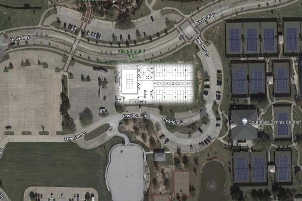 Ariel view of drawn court plans on a satellite image of the existing park. 