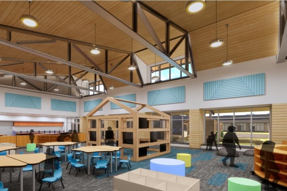 The $35 million project includes a courtyard and enclosed play area with a tricycle path for outdoor play. (Rendering courtesy Prosper ISD, Huckabee)