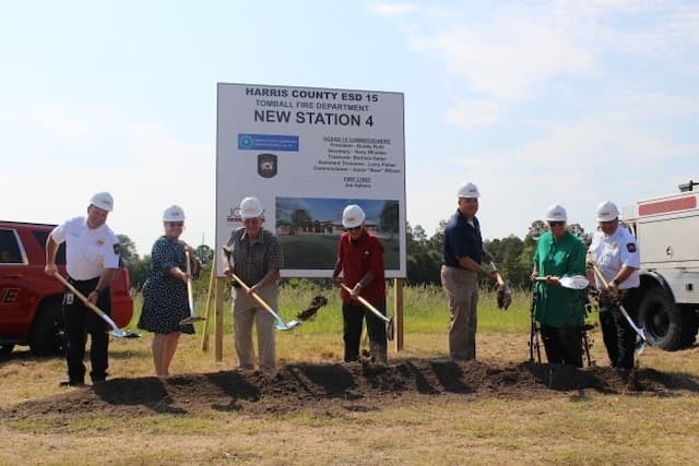 Members of Harris County Emergency Services District No. 15, Mayor Lori Klein Quinn (second from left) and Chief Joe Sykora (far right) break ground on Station No. 4 on June 27. (Anna Lotz/Community Impact Newspaper)