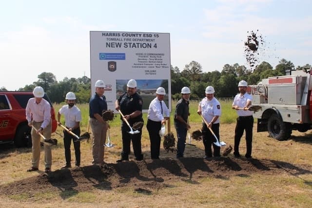 Members of the firms managing the Station No. 4 project break ground on the station June 27. (Anna Lotz/Community Impact Newspaper)